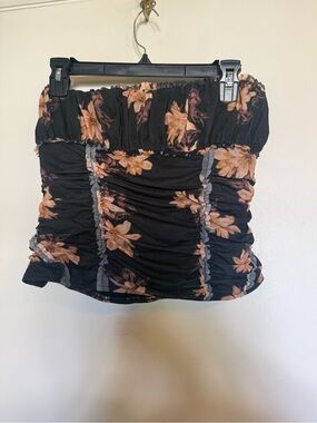 Free People Black Strapless Ruched Crop Top with Peach Floral Print